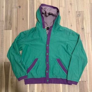 Y2K 2000s Oakley Green and purple cardigan with plaid hoodie size large RARE